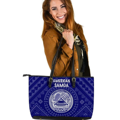 American Samoa Leather Tote Bag Seal In Polynesian Tattoo Style Blue