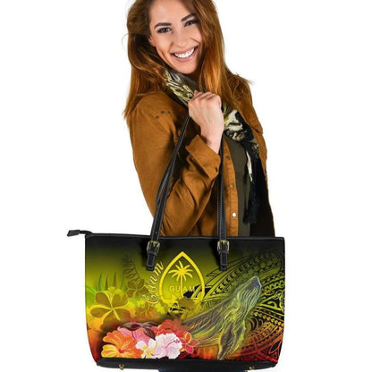 Guam Leather Tote Bag Humpback Whale With Tropical Flowers Yellow