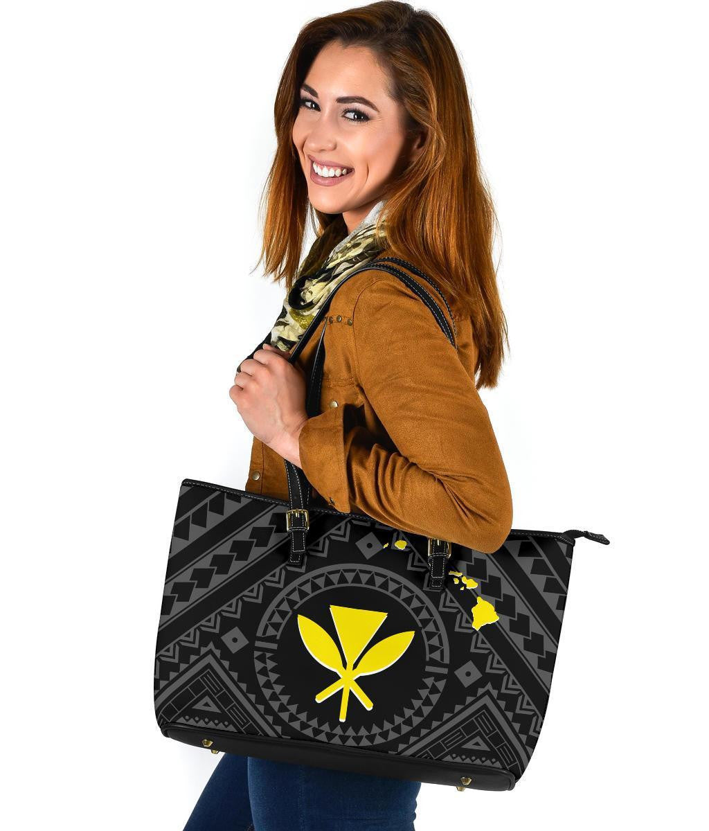 Hawaii Leather Tote Bag Hawaii Kanaka Maoli And Map Black