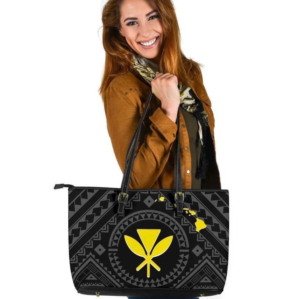 Hawaii Leather Tote Bag Hawaii Kanaka Maoli And Map Black