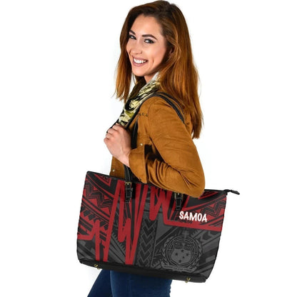 Samoa Leather Tote Bag Samoa Coat Of Arms With Polynesian Pattern In Heartbeat Style Red