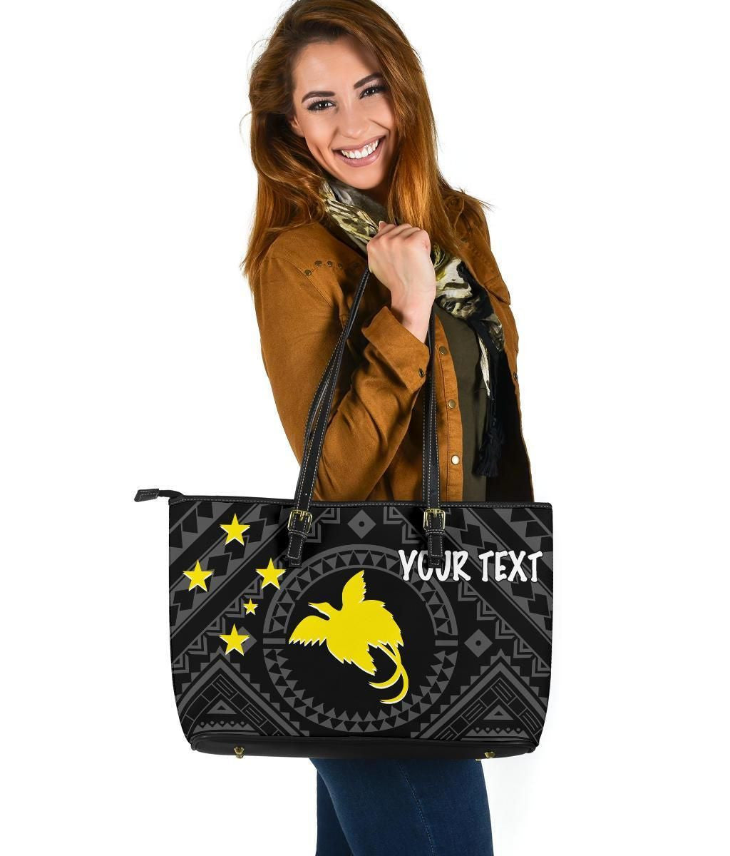 Papua New Guinea Personalised Leather Tote Bag Flag With Polynesian Patterns Black