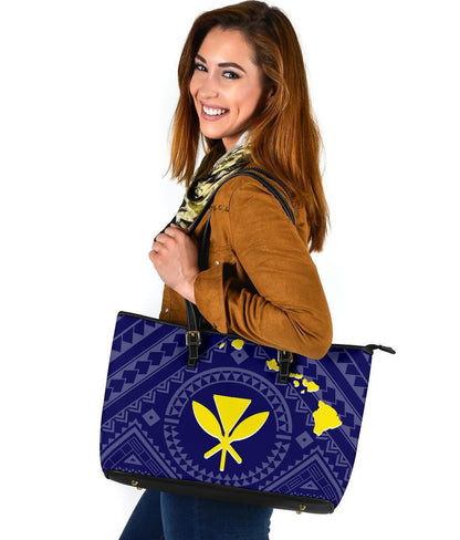 Hawaii Leather Tote Bag Hawaii Kanaka Maoli And Map Blue