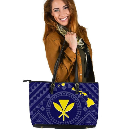 Hawaii Leather Tote Bag Hawaii Kanaka Maoli And Map Blue