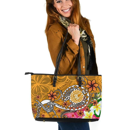 Tahiti Leather Tote Bag Turtle Plumeria Gold
