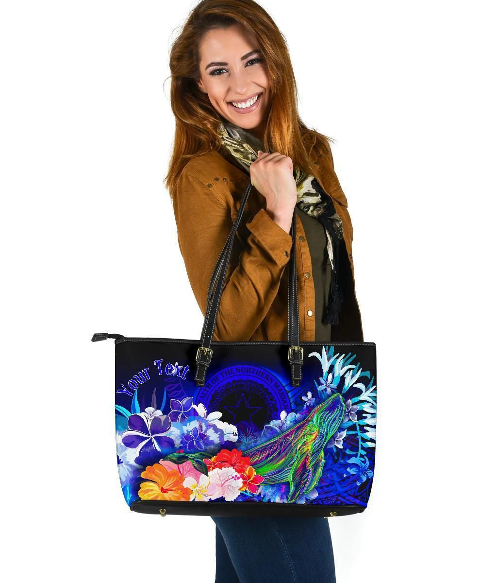 Cnmi Custom Personalised Leather Tote Bag Humpback Whale With Tropical Flowers Blue