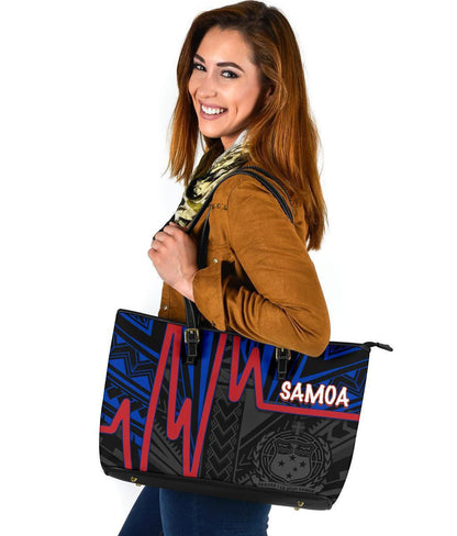 Samoa Leather Tote Bag Samoa Coat Of Arms With Heartbeat Polynesian Patterns Blue