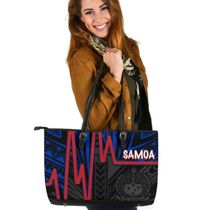 Samoa Leather Tote Bag Samoa Coat Of Arms With Heartbeat Polynesian Patterns Blue