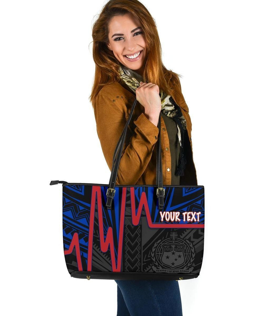 Samoa Personalised Leather Tote Bag Samoa Coat Of Arms With Polynesian Patterns In Heartbeat Style Blue
