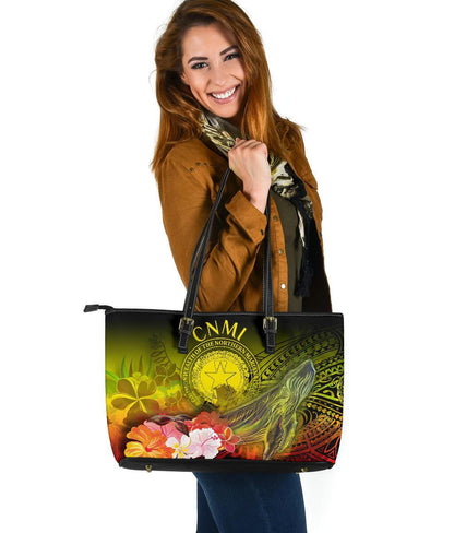 Cnmi Leather Tote Bag Humpback Whale With Tropical Flowers Yellow