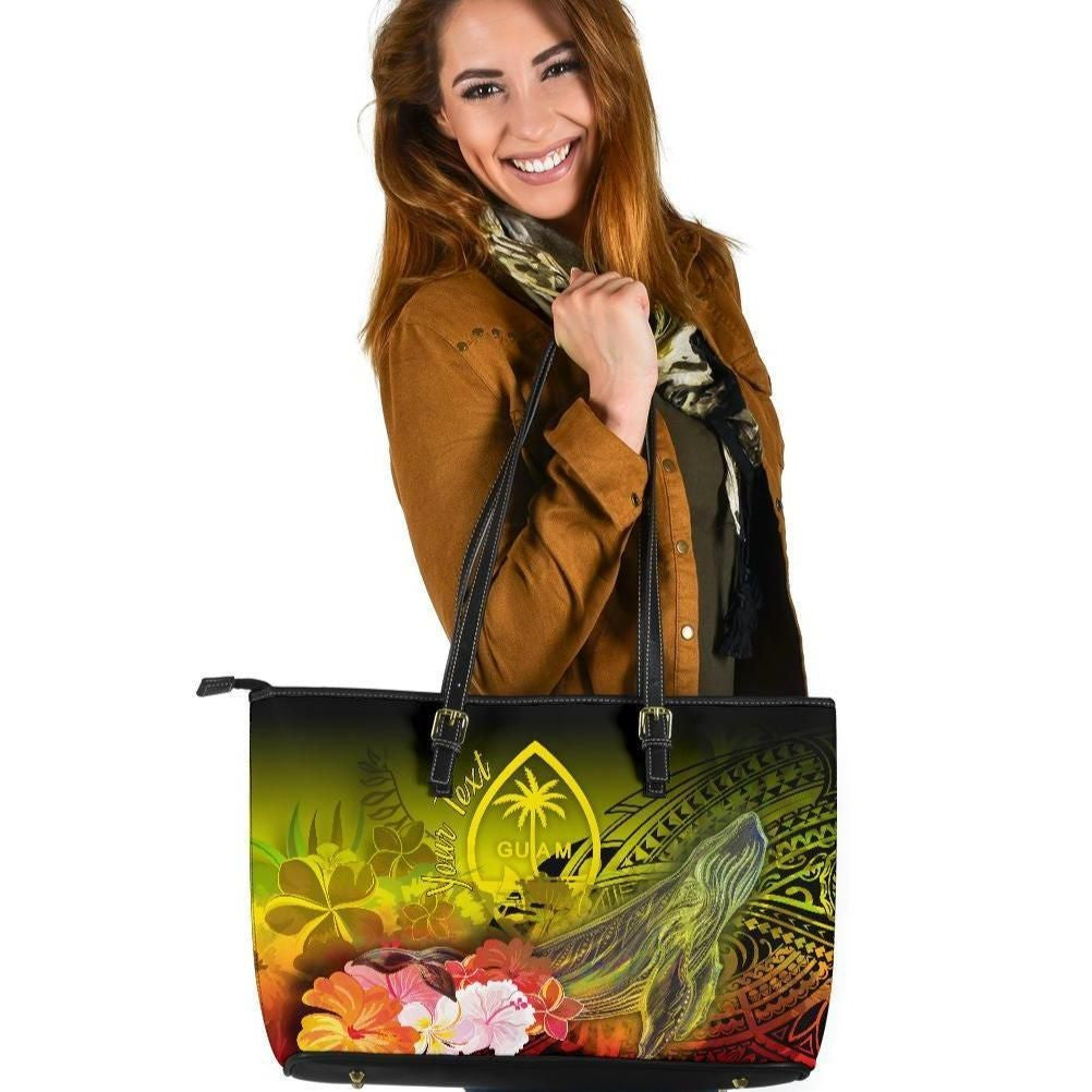 Guam Custom Personalised Leather Tote Bags Humpback Whale With Tropical Flowers Yellow
