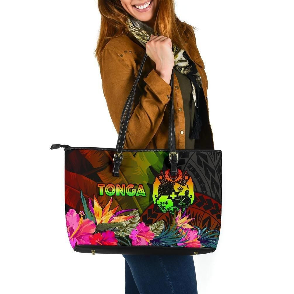 Tonga Polynesian Leather Tote Bag Hibiscus And Banana Leaves