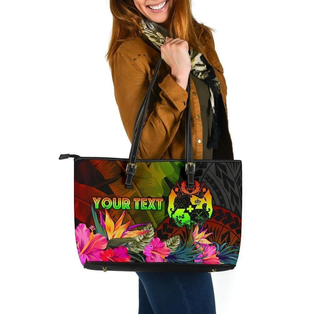 Tonga Polynesian Personalised Leather Tote Bag Hibiscus And Banana Leaves