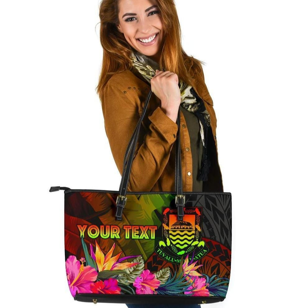 Tuvalu Polynesian Personalised Leather Tote Bag Hibiscus And Banana Leaves
