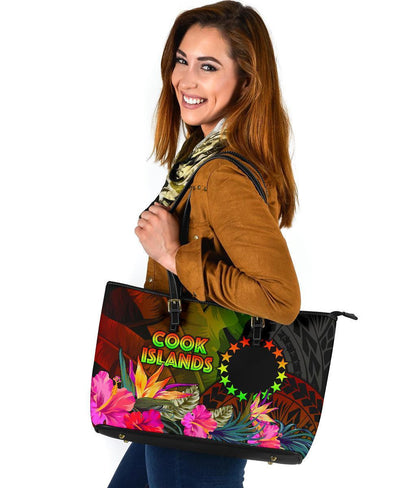 Cook Islands Polynesian Leather Tote Bag Hibiscus And Banana Leaves