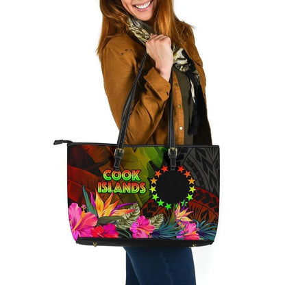 Cook Islands Polynesian Leather Tote Bag Hibiscus And Banana Leaves