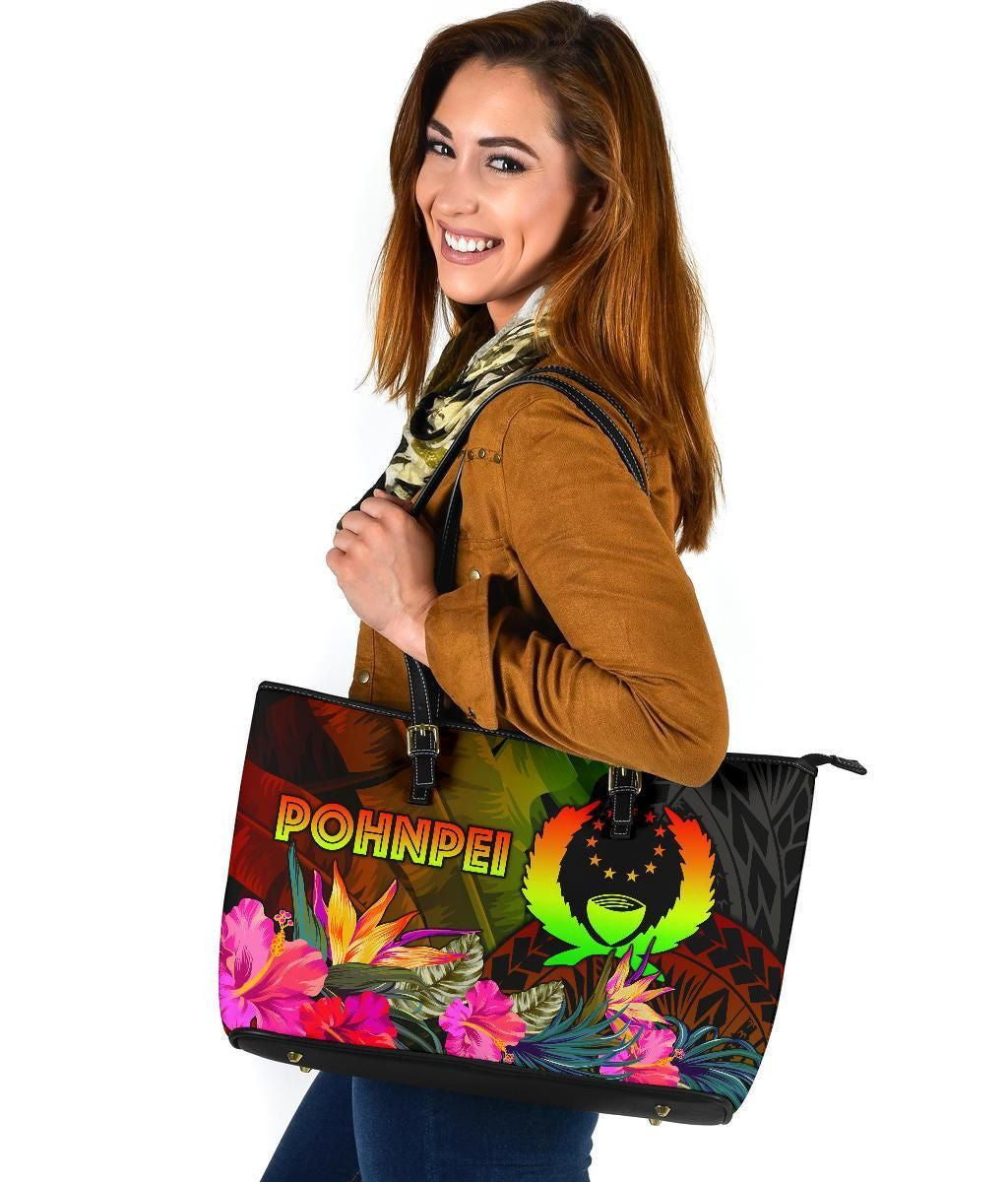 Pohnpei Polynesian Leather Tote Bag Hibiscus And Banana Leaves