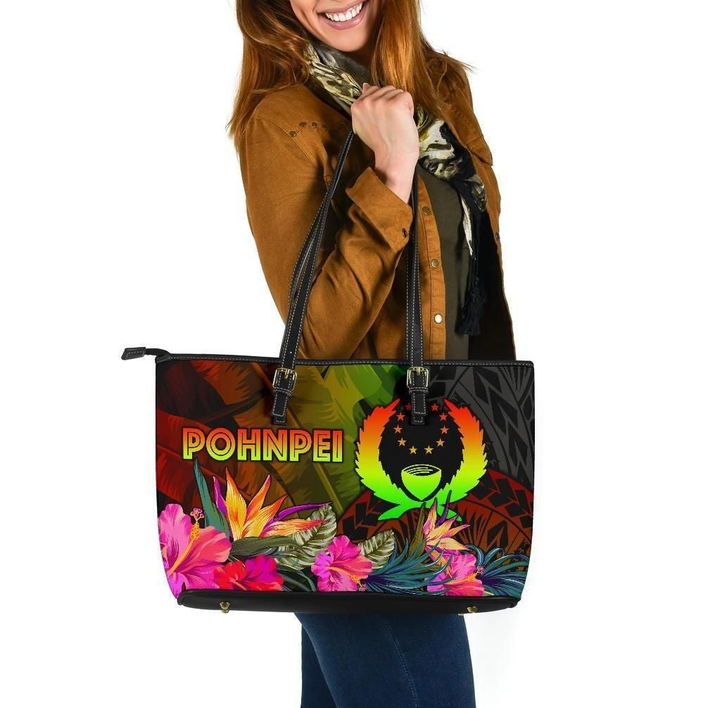 Pohnpei Polynesian Leather Tote Bag Hibiscus And Banana Leaves