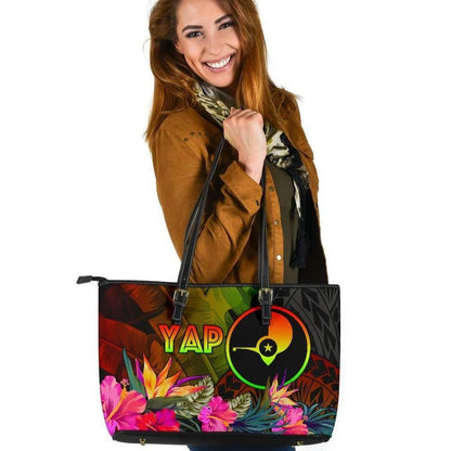 Yap Polynesian Leather Tote Bag Hibiscus And Banana Leaves