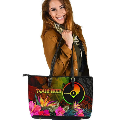 Yap Polynesian Personalised Leather Tote Bag Hibiscus And Banana Leaves