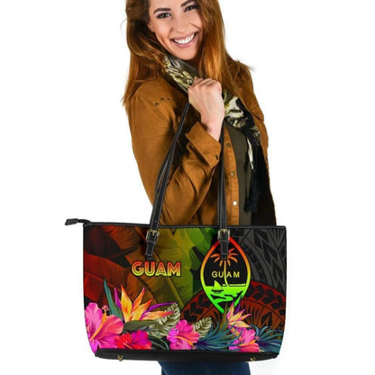 Guam Polynesian Leather Tote Bag Hibiscus And Banana Leaves