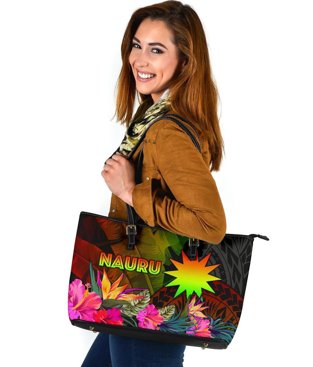 Nauru Polynesian Leather Tote Bag Hibiscus And Banana Leaves
