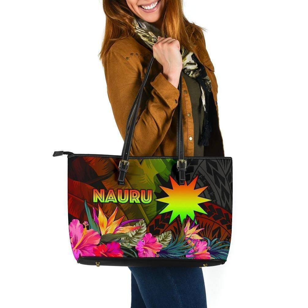 Nauru Polynesian Leather Tote Bag Hibiscus And Banana Leaves
