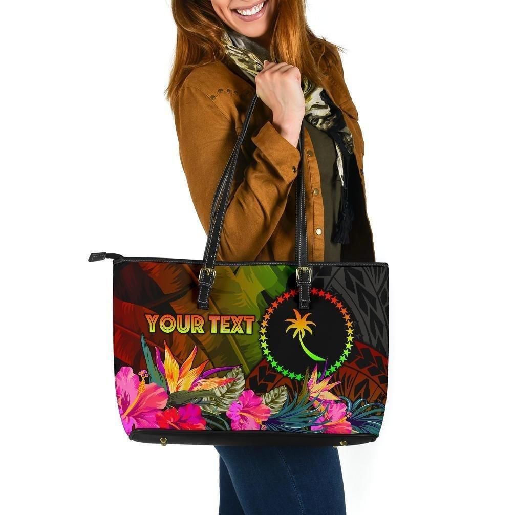 Chuuk Polynesian Personalised Leather Tote Bag Hibiscus And Banana Leaves