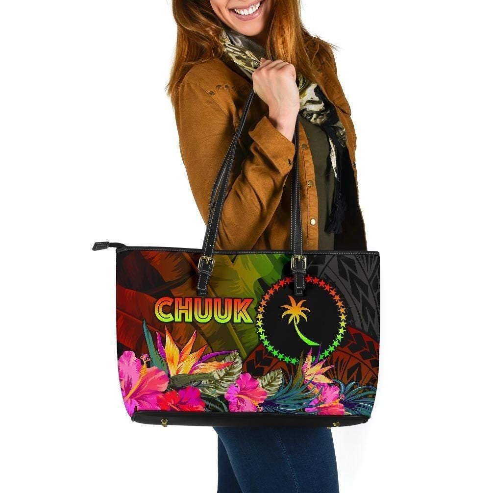 Chuuk Polynesian Leather Tote Bag Hibiscus And Banana Leaves