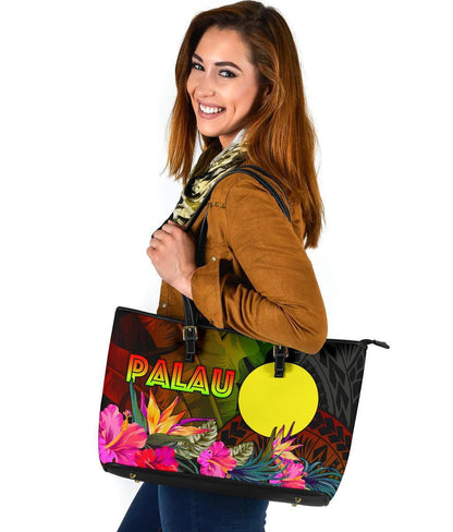 Palau Polynesian Leather Tote Bag Hibiscus And Banana Leaves