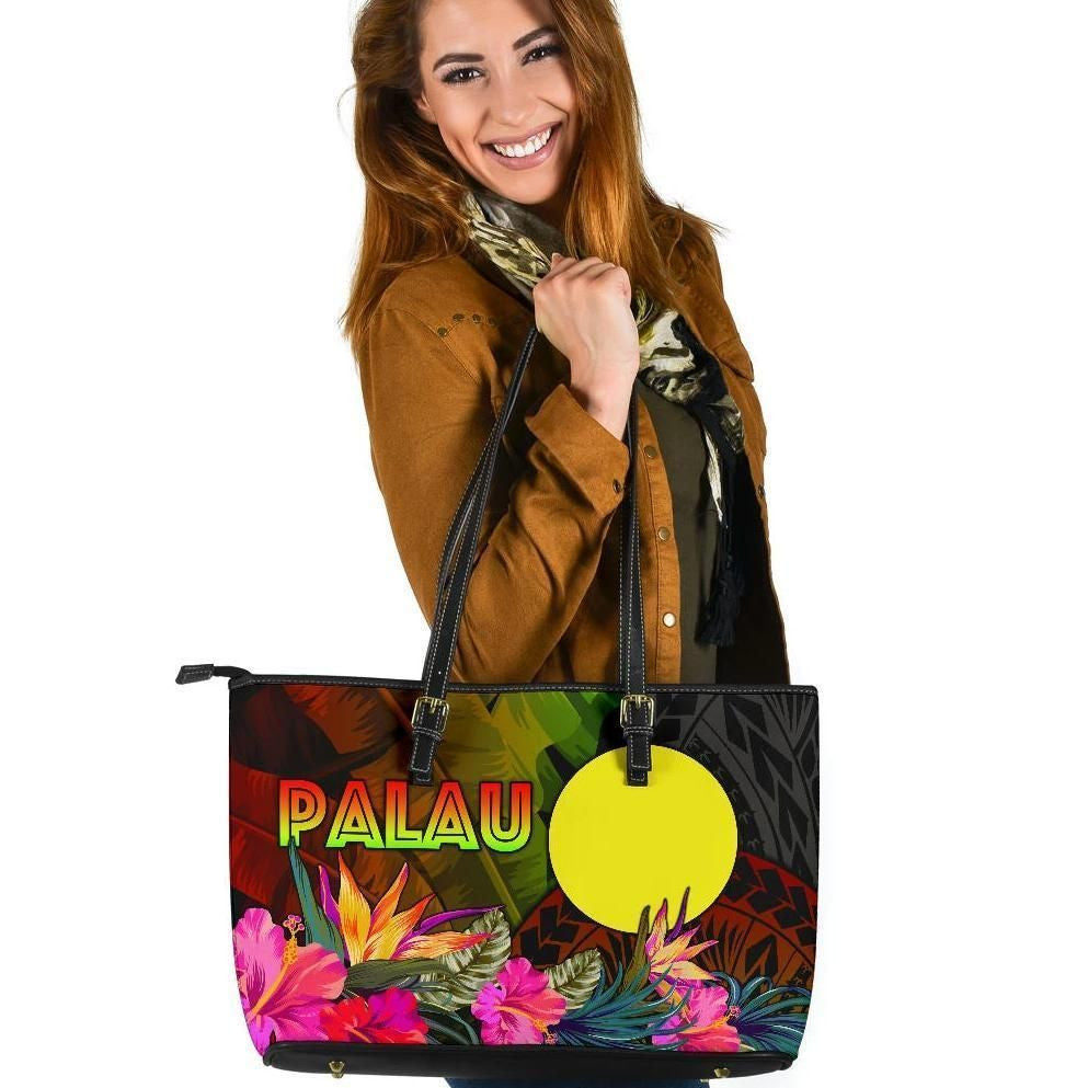 Palau Polynesian Leather Tote Bag Hibiscus And Banana Leaves