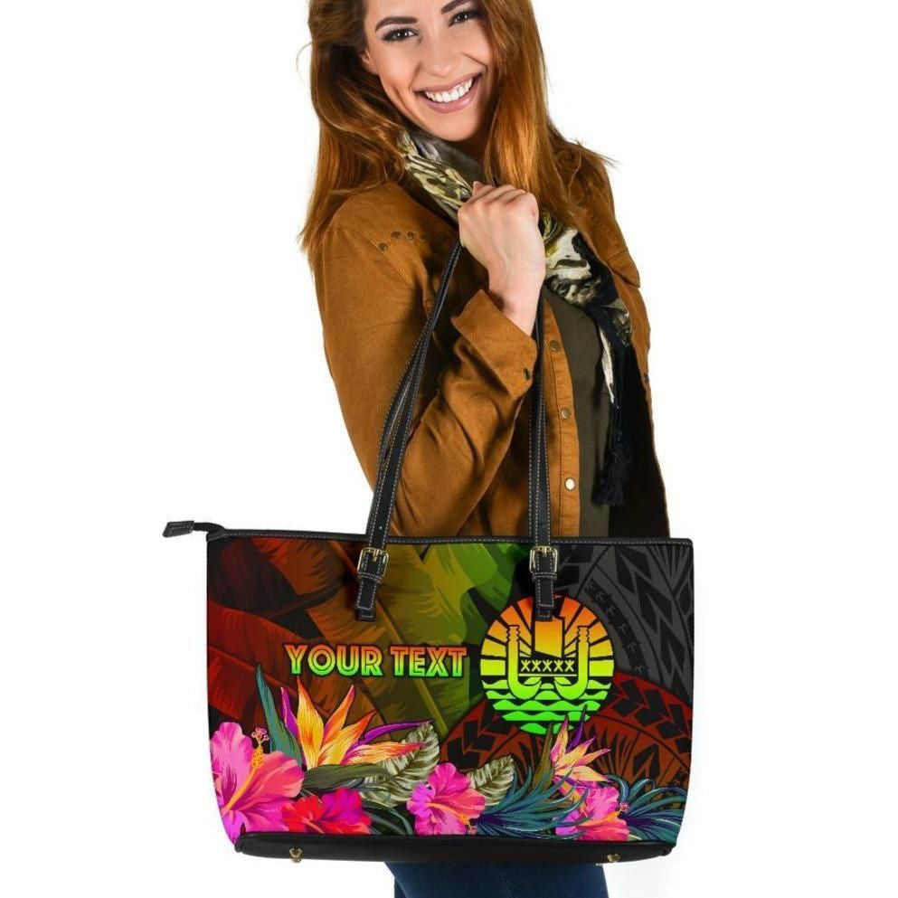Tahiti Polynesian Personalised Leather Tote Bag Hibiscus And Banana Leaves