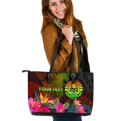 Tahiti Polynesian Personalised Leather Tote Bag Hibiscus And Banana Leaves