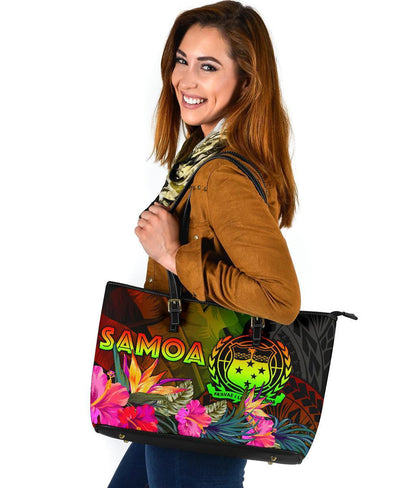 Samoa Polynesian Leather Tote Bag Hibiscus And Banana Leaves