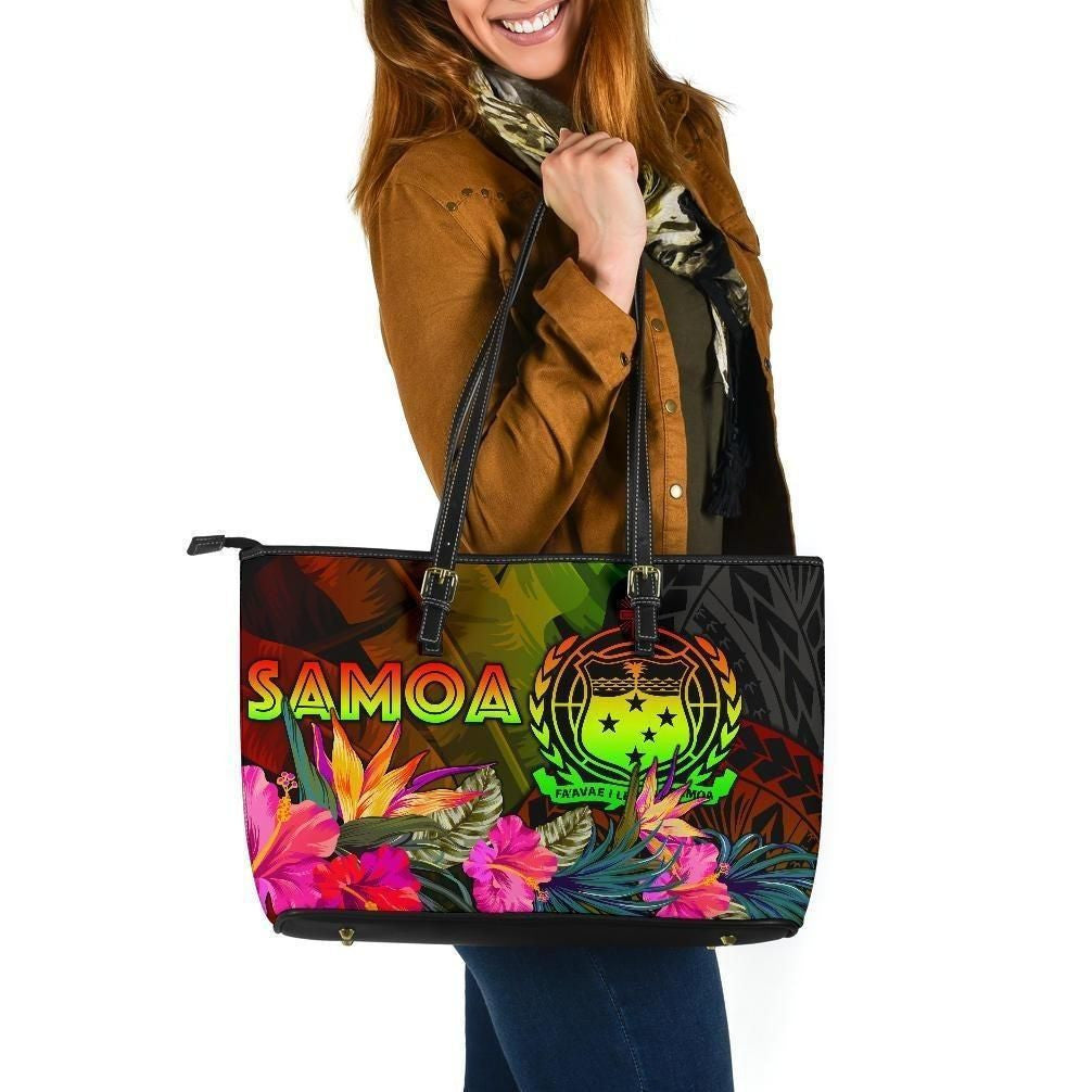 Samoa Polynesian Leather Tote Bag Hibiscus And Banana Leaves
