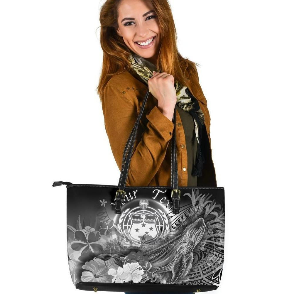 [Custom] Samoa Leather Tote Bag Humpback Whale With Tropical Flowers White