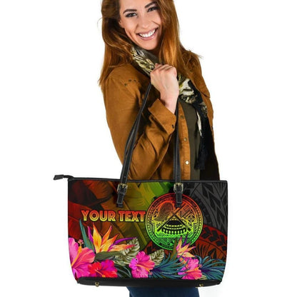 American Samoa Polynesian Personalised Leather Tote Bag Hibiscus And Banana Leaves