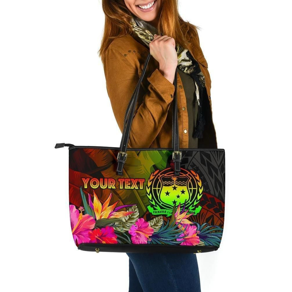 Samoa Polynesian Personalised Leather Tote Bag Hibiscus And Banana Leaves
