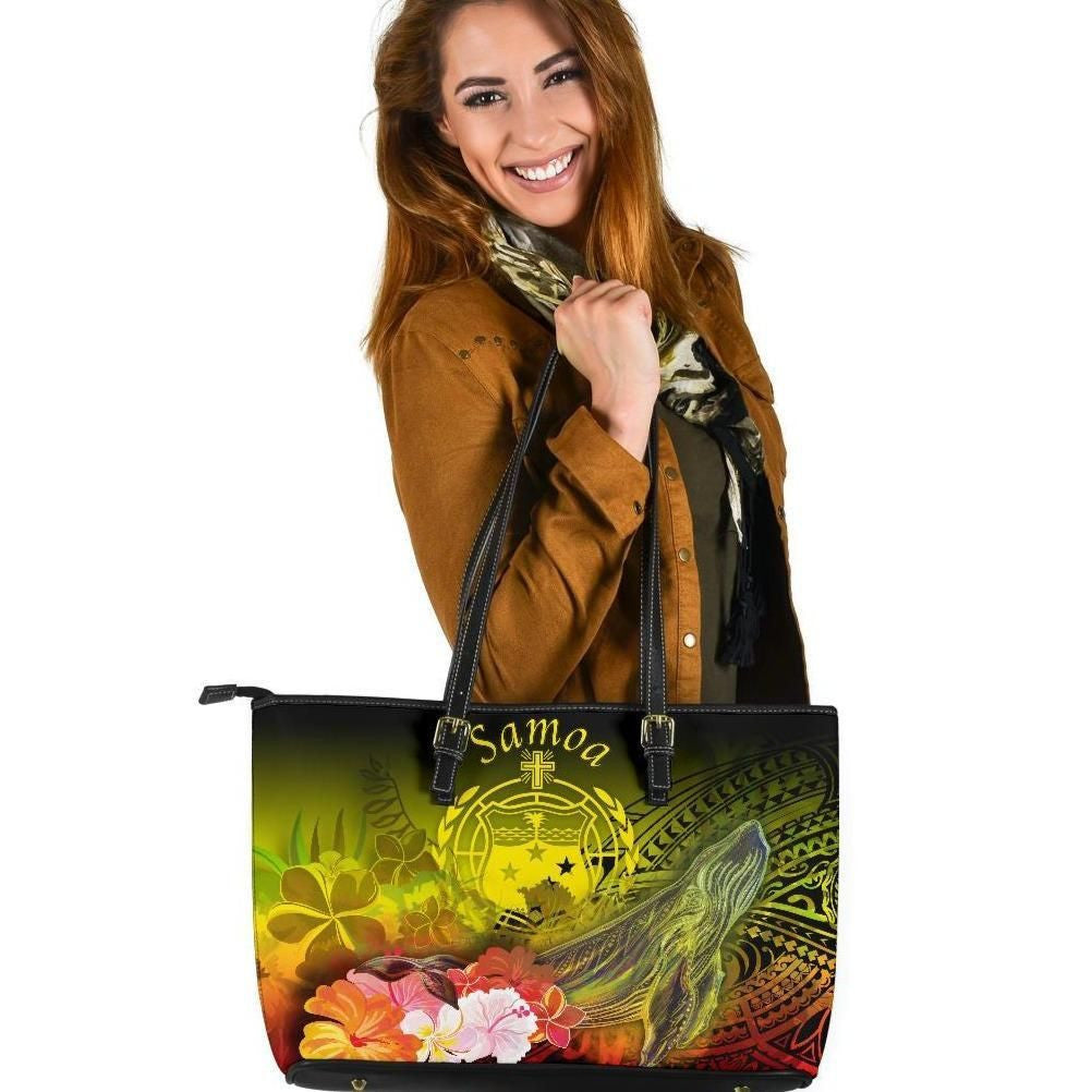 Samoa Leather Tote Bag Humpback Whale With Tropical Flowers Yellow