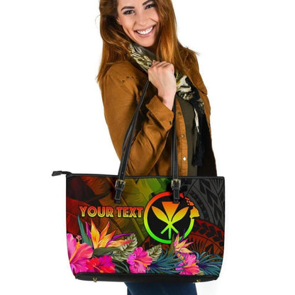 Polynesian Hawaii Kanaka Maoli Polynesian Personalised Leather Tote Bag Hibiscus And Banana Leaves