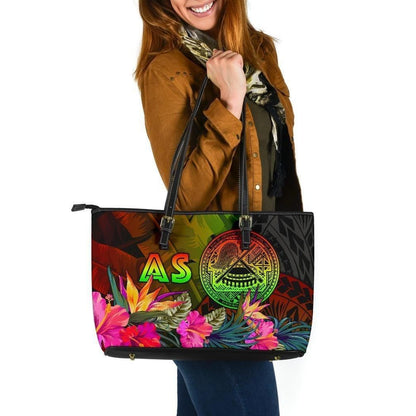 American Samoa Polynesian Leather Tote Bag Hibiscus And Banana Leaves