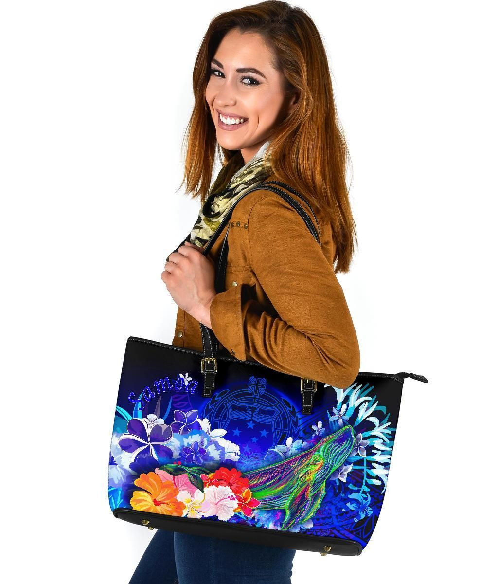 Samoa Leather Tote Bag Humpback Whale With Tropical Flowers Blue