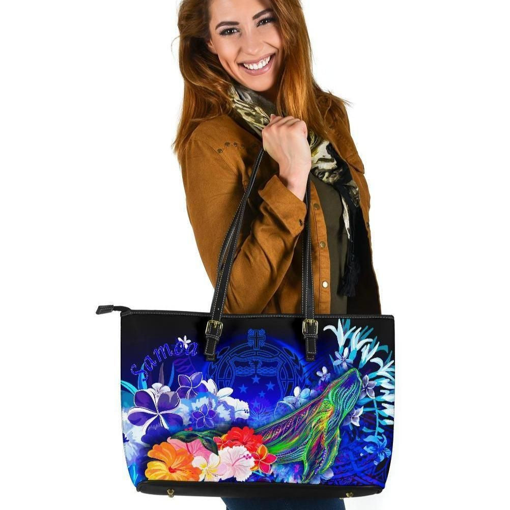 Samoa Leather Tote Bag Humpback Whale With Tropical Flowers Blue