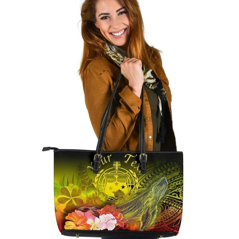 [Custom] Samoa Leather Tote Bag Humpback Whale With Tropical Flowers Yellow