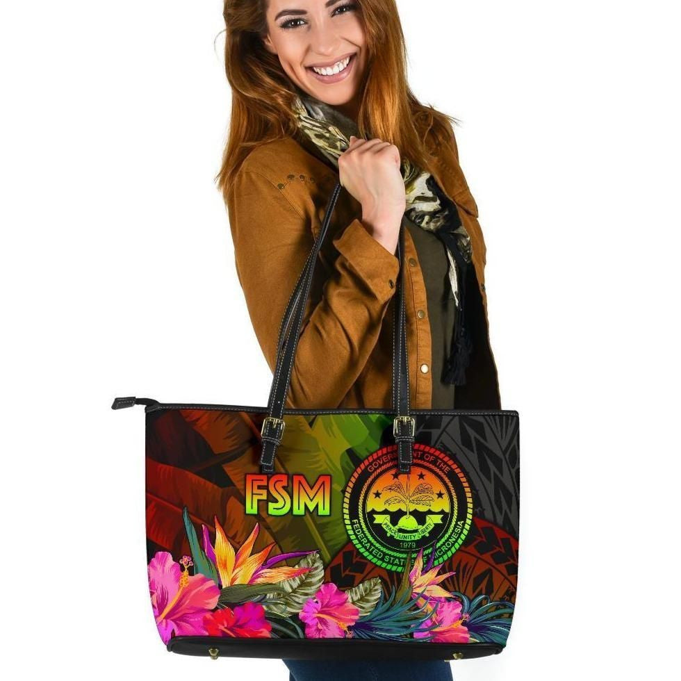 Federated States Of Micronesia Polynesian Personalised Leather Tote Bag Hibiscus And Banana Leaves