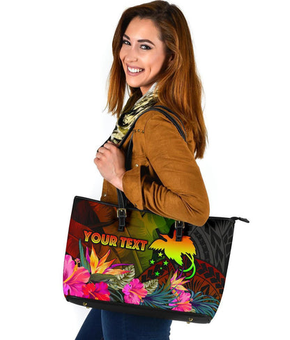 Papua New Guinea Polynesian Personalised Leather Tote Bag Hibiscus And Banana Leaves