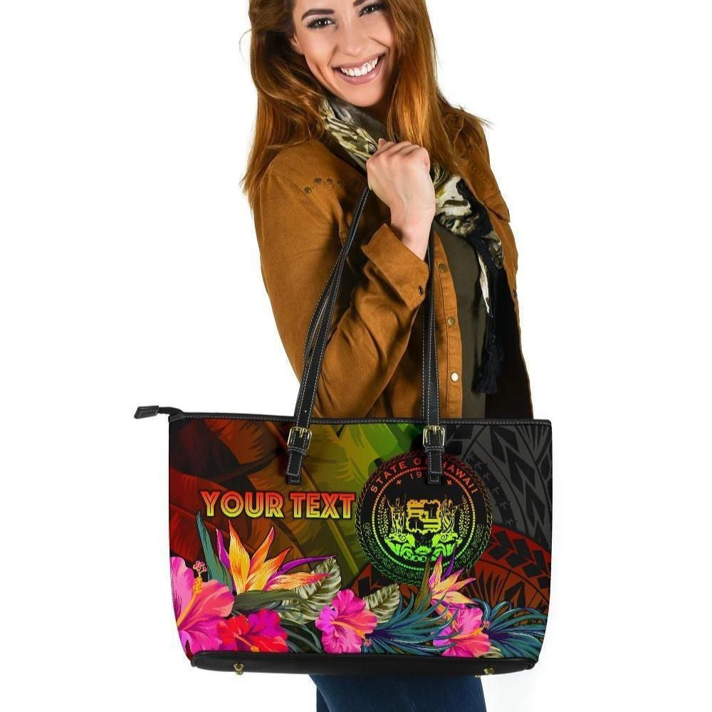 Polynesian Hawaii Polynesian Personalised Leather Tote Bag Hibiscus And Banana Leaves
