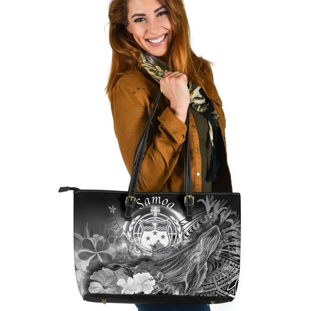 Samoa Leather Tote Bag Humpback Whale With Tropical Flowers White