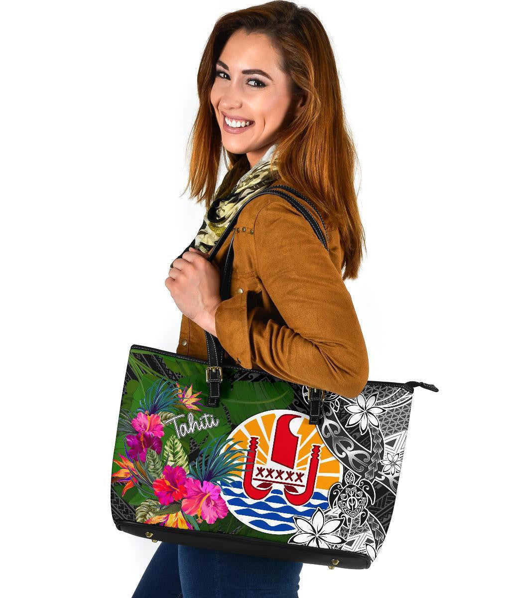 Tahiti Leather Tote Bag Turtle Plumeria Banana Leaf