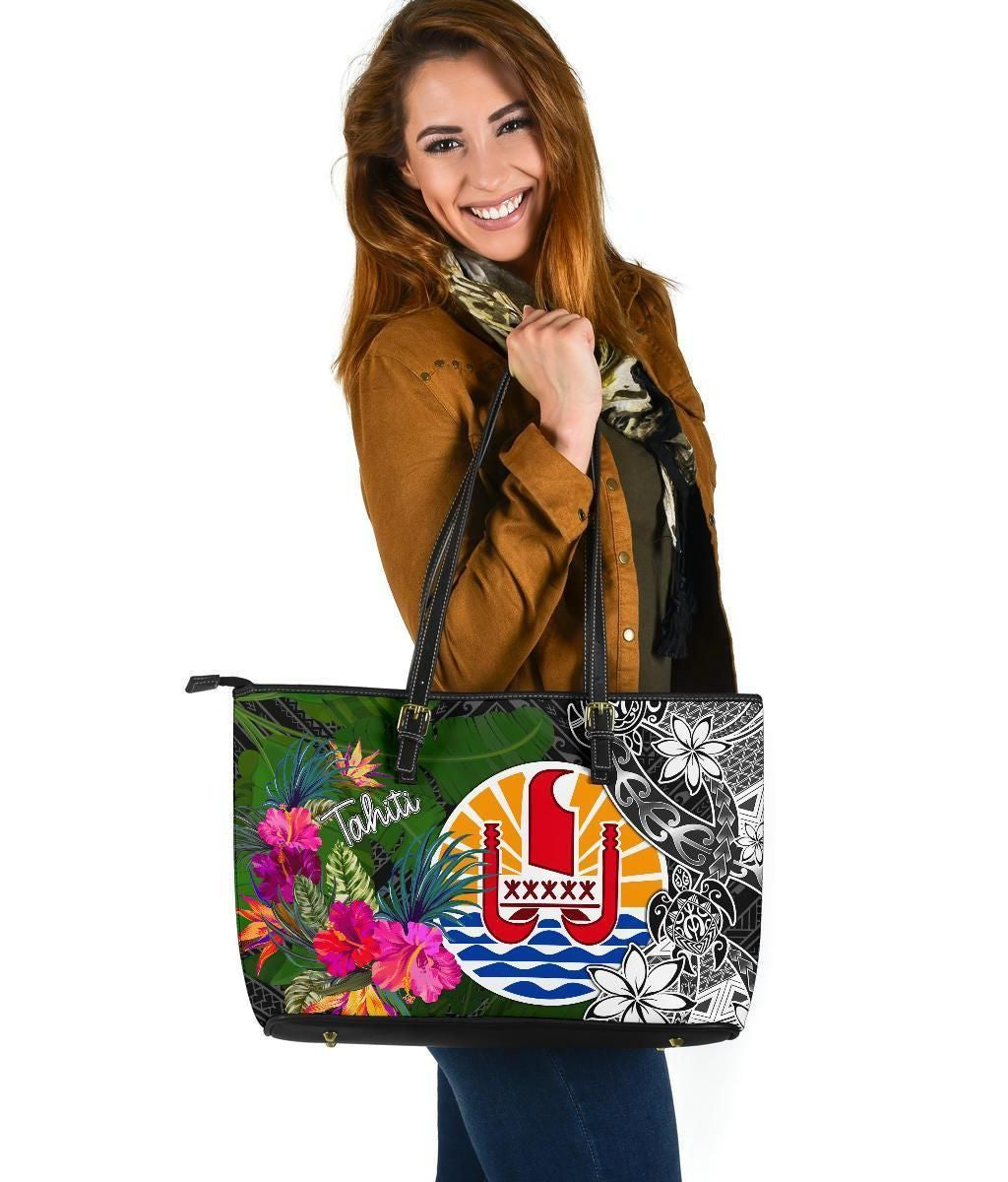 Tahiti Leather Tote Bag Turtle Plumeria Banana Leaf
